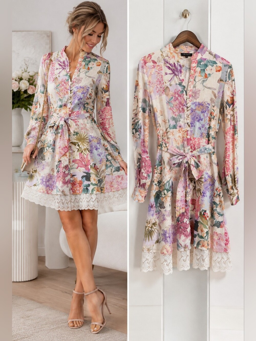 I.STATE New Linen Blend Floral Shirt Dress XS Boho Lace Hem